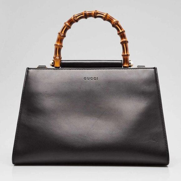 Gucci Black Smooth Calfskin Leather Nymphaea Medium Top Handle Bag - Picture 1 of 12